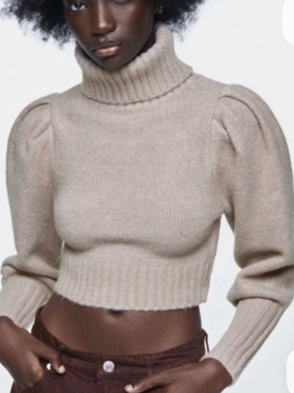 Zara Beige Cropped Turtleneck Sweater with Puff Shoulders